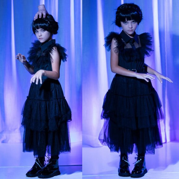 Girls Wednesday Prom Dance Tulle Costume Dress with Belt - Picture 4 of 6